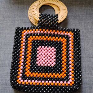 Urban Expressions Circle Beaded Tote Handbag Boho Wicker decorative handles